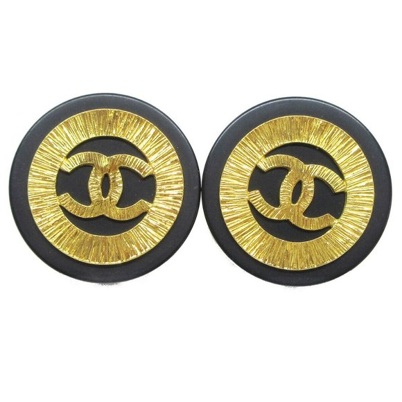 CHANEL Huge Button Motif Earrings Black Clip-On 29 - Picture 1 of 4